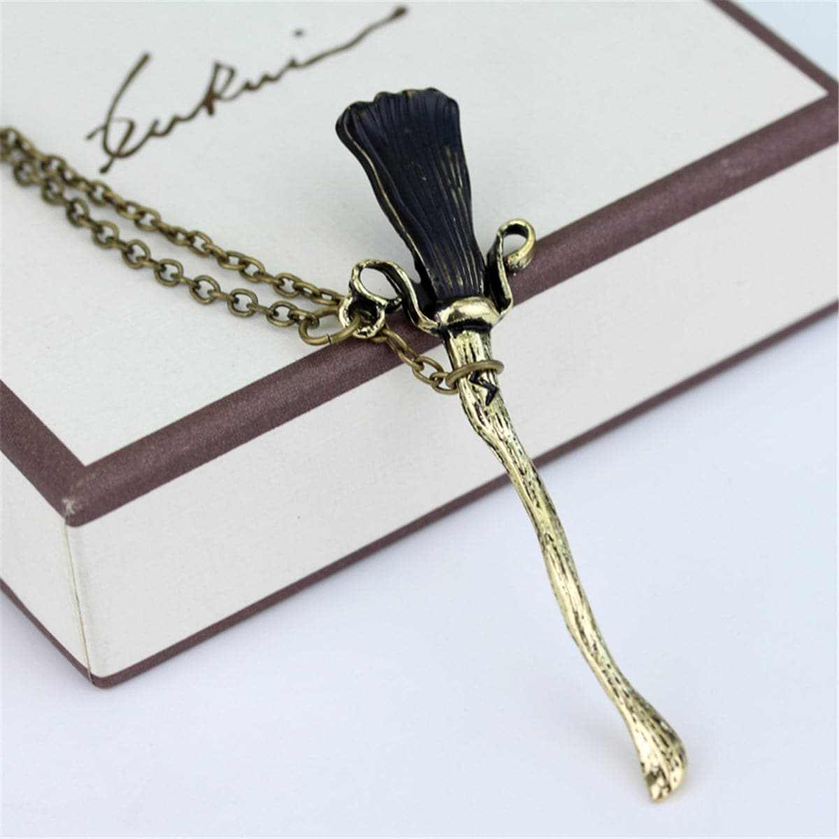 Black Enamel & Goldtone Broom Pendant Necklace
