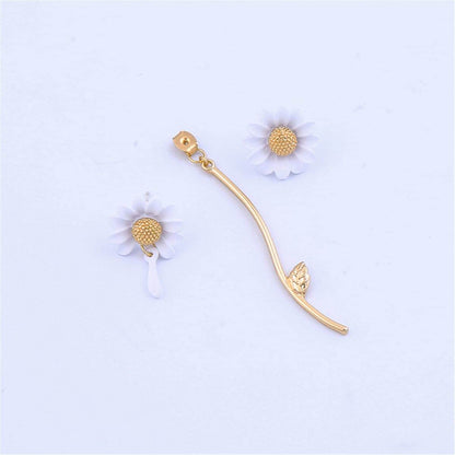 White Enamel & Goldtone Sunflower Asymmetrical Drop Earrings