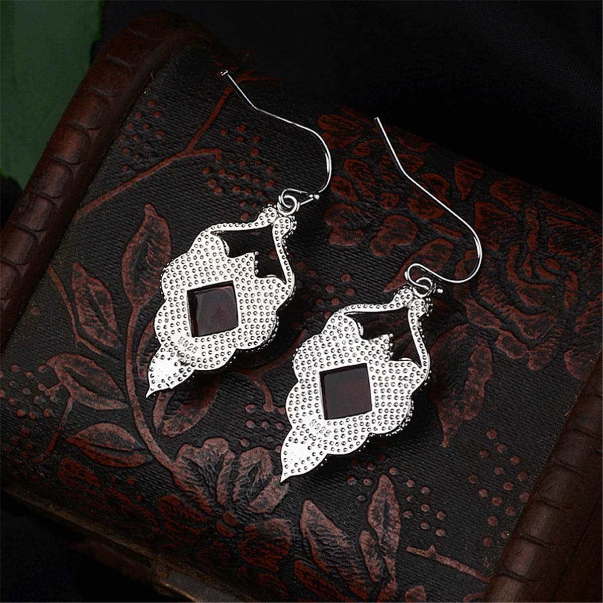 Red Crystal & Silvertone Princess Cut Drop Earrings