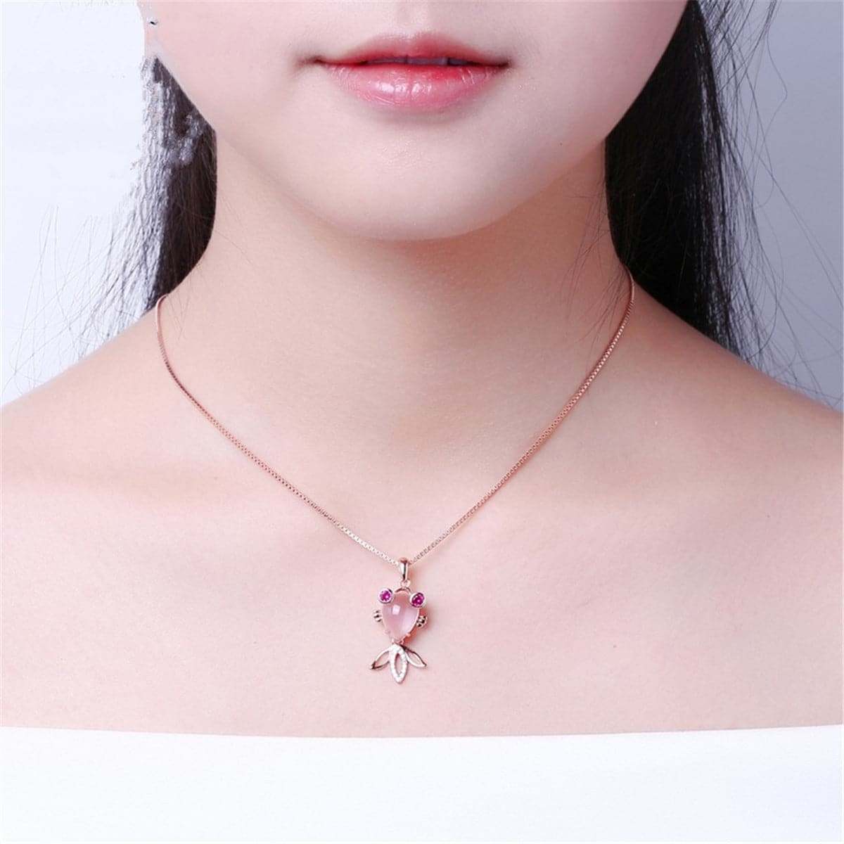 Pink Quartz & Cubic Zirconia Goldfish Pendant Necklace