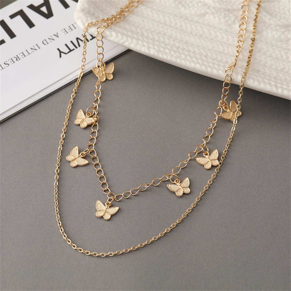 Goldtone Butterfly Station Layered Necklace