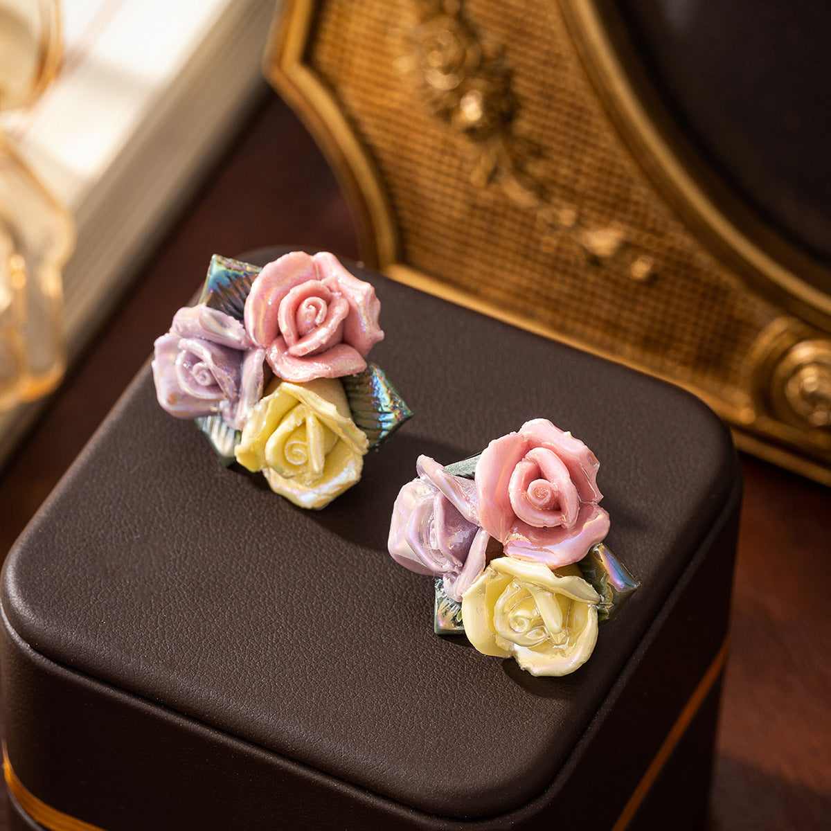Multi-colored Ceramic? & Silvertone Rose Cluster Stud Earrings