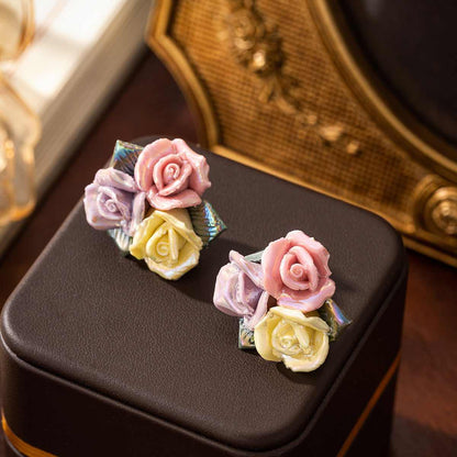 Multi-colored Ceramic? & Silvertone Rose Cluster Stud Earrings