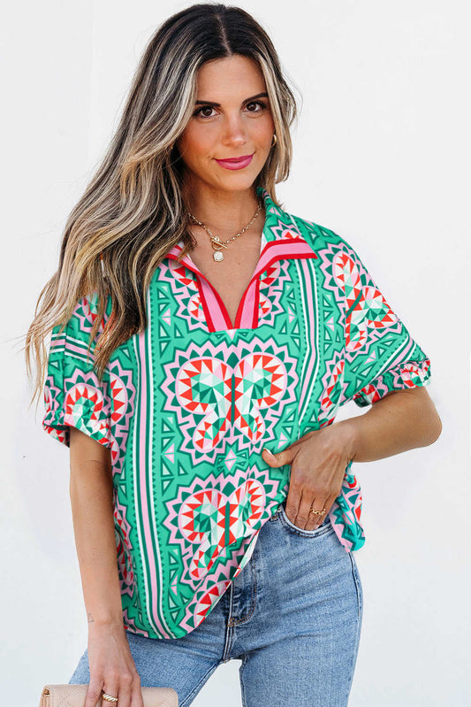 Threaded Pear Kamiyah Boho Abstract Striped Collared V Neck Blouse