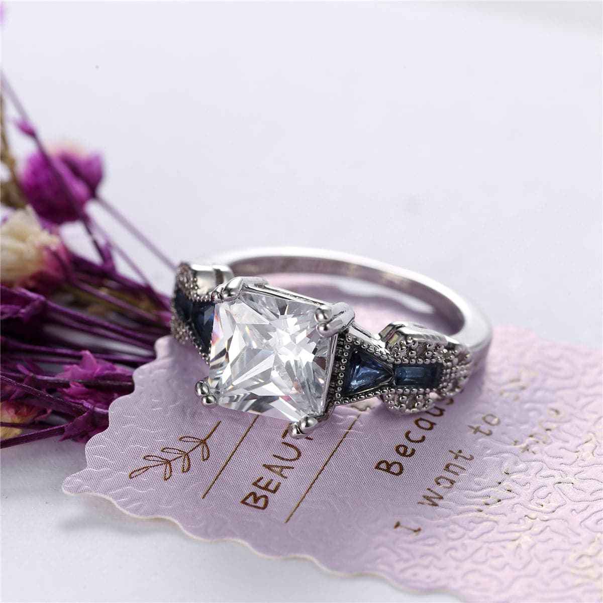 Crystal & Silvertone Princess-Cut Prong-Set Ring
