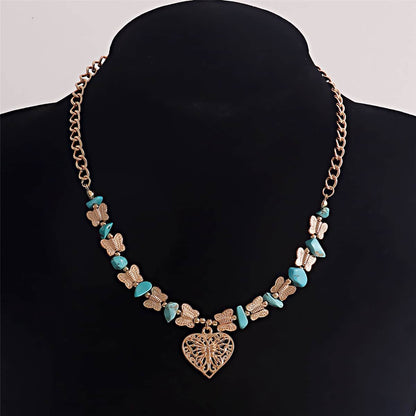 Turquoise & Goldtone Butterfly Heart Pendant Necklace