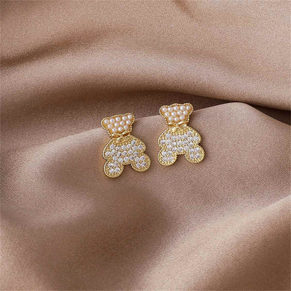 Pearl & Cubic Zirconia Goldtone Bear Stud Earrings