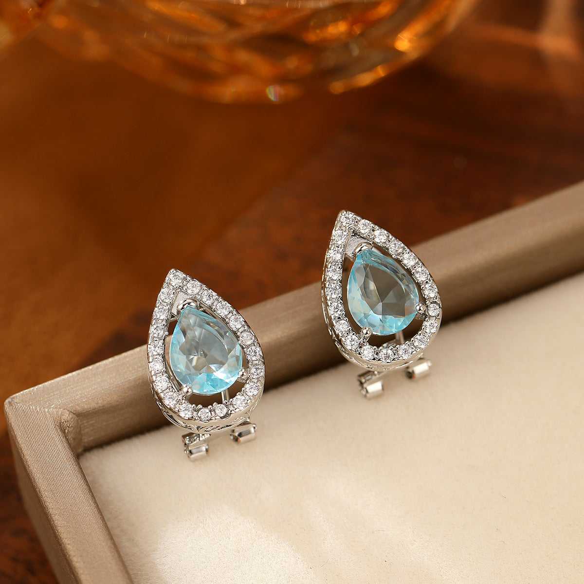 Blue Topaz & Cubic Zirconia Silvertone Hola Drop Huggie Earrings