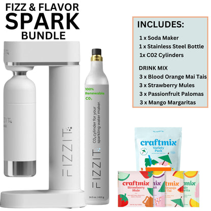 White Fizzit Stainless Steel Sparkling Water Maker Bundle | Includes Soda Maker, CO2 Cylinder, & 12-Flavor Variety Pack | Customizable Carbonated Water Machine, Reusable Bottle & Eco-Friendly