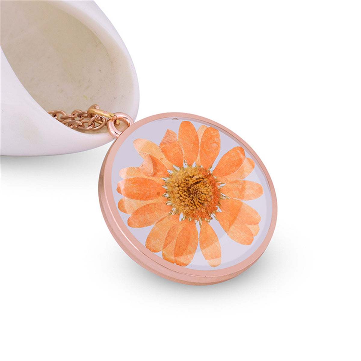 Orange Pressed Mum & Rose Goldtone Round Pendant Necklace