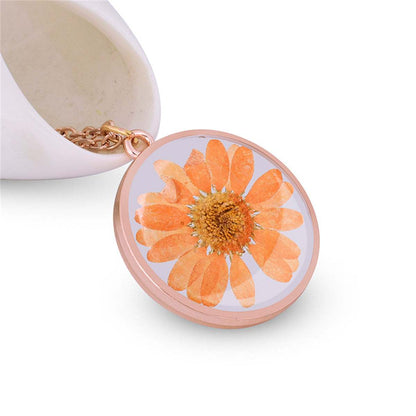 Orange Pressed Mum & Rose Goldtone Round Pendant Necklace