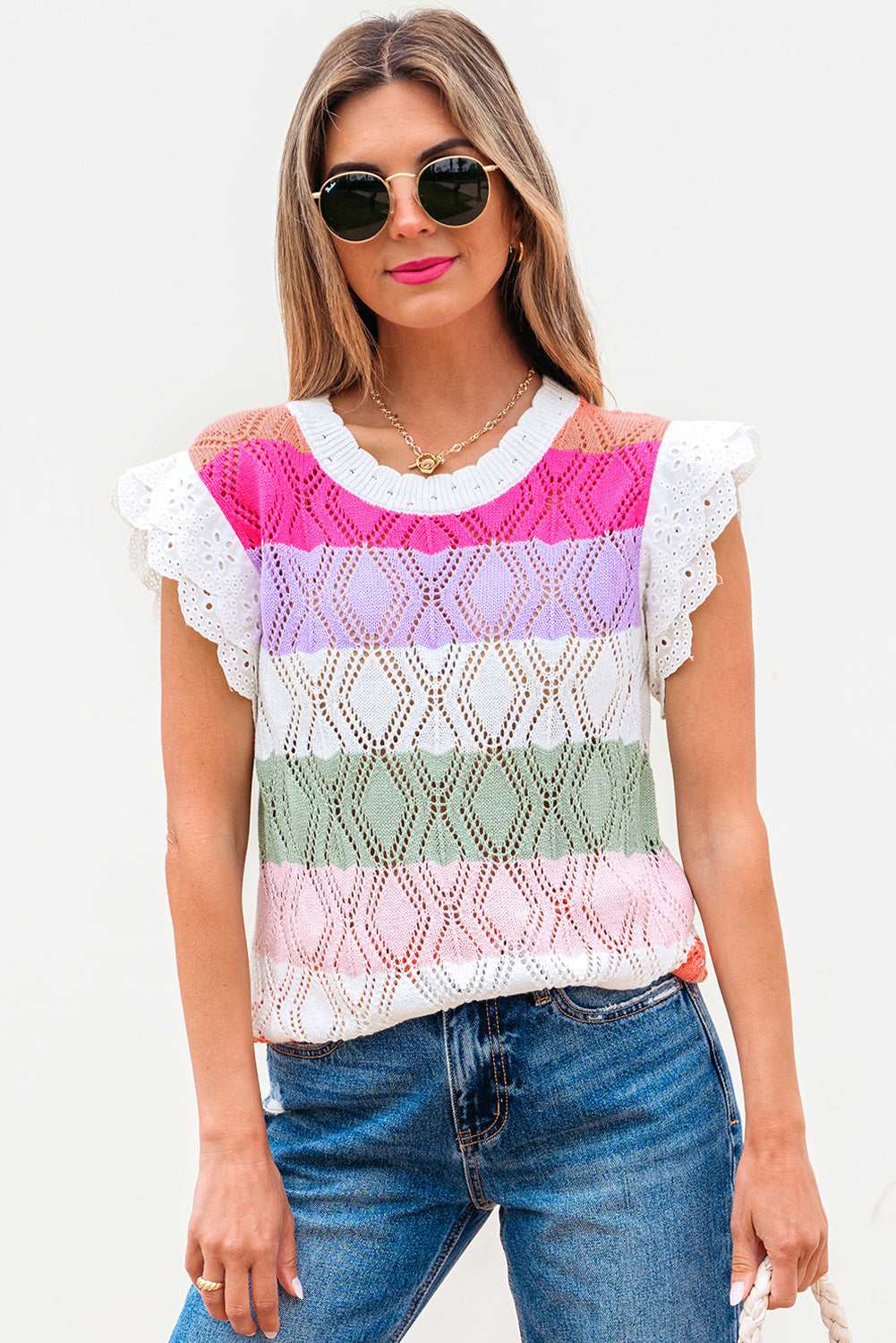 Alena Hollowed Knit Scallop Edge Sweater Vest - Rose Stripe / M - 8/10