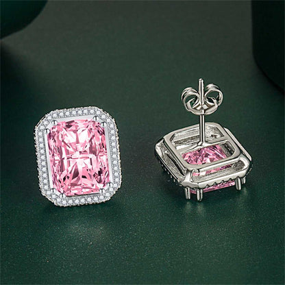 Pink Radiant Crystal & Cubic Zirconia Silvertone Halo Stud Earrings