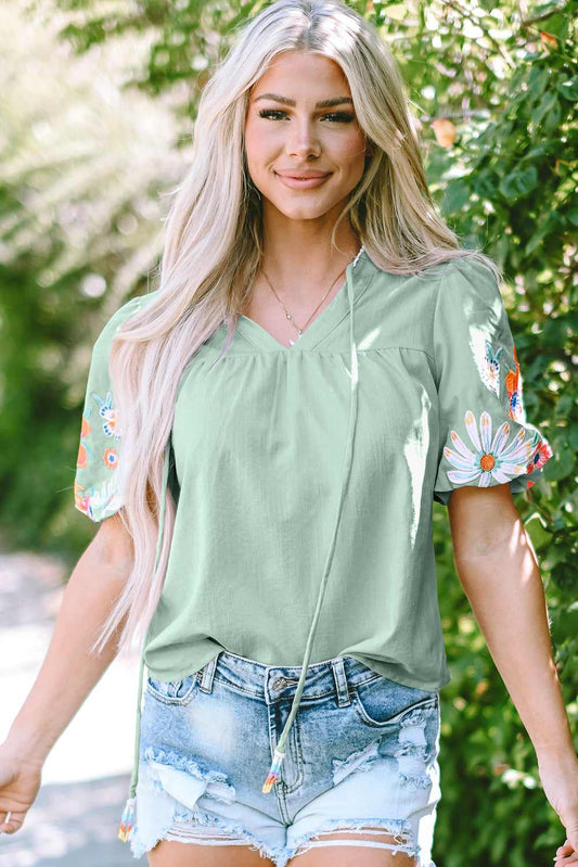 Threaded Pear Reya Floral Embroidered Puff Sleeve Split Neck Blouse