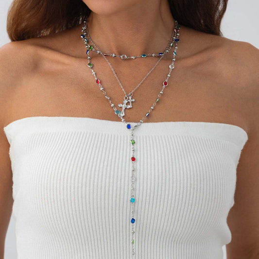 Multi-Colored Crystal & Silvertone Cross Pendant Lariat Necklace Set