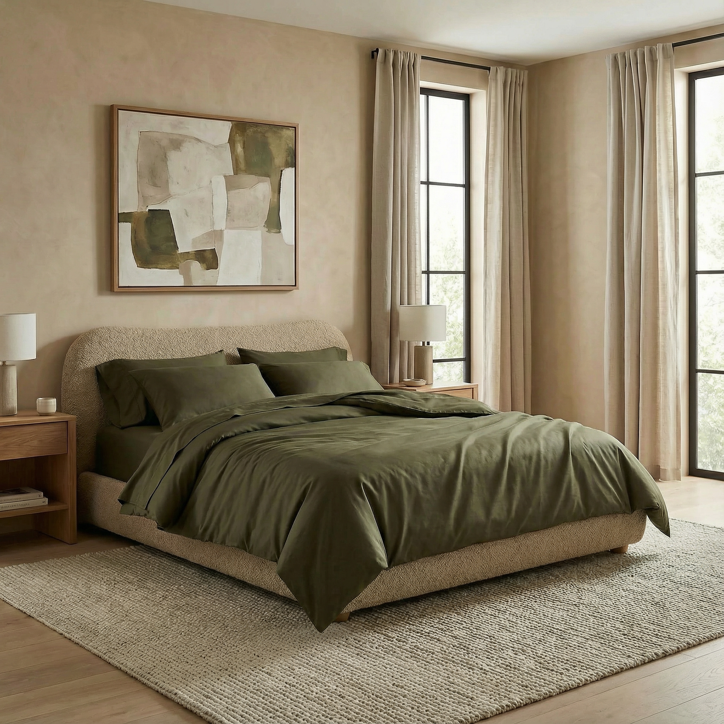 Modern bedroom with silky-soft sateen sheets in cypress for a calm, earthy vibe.