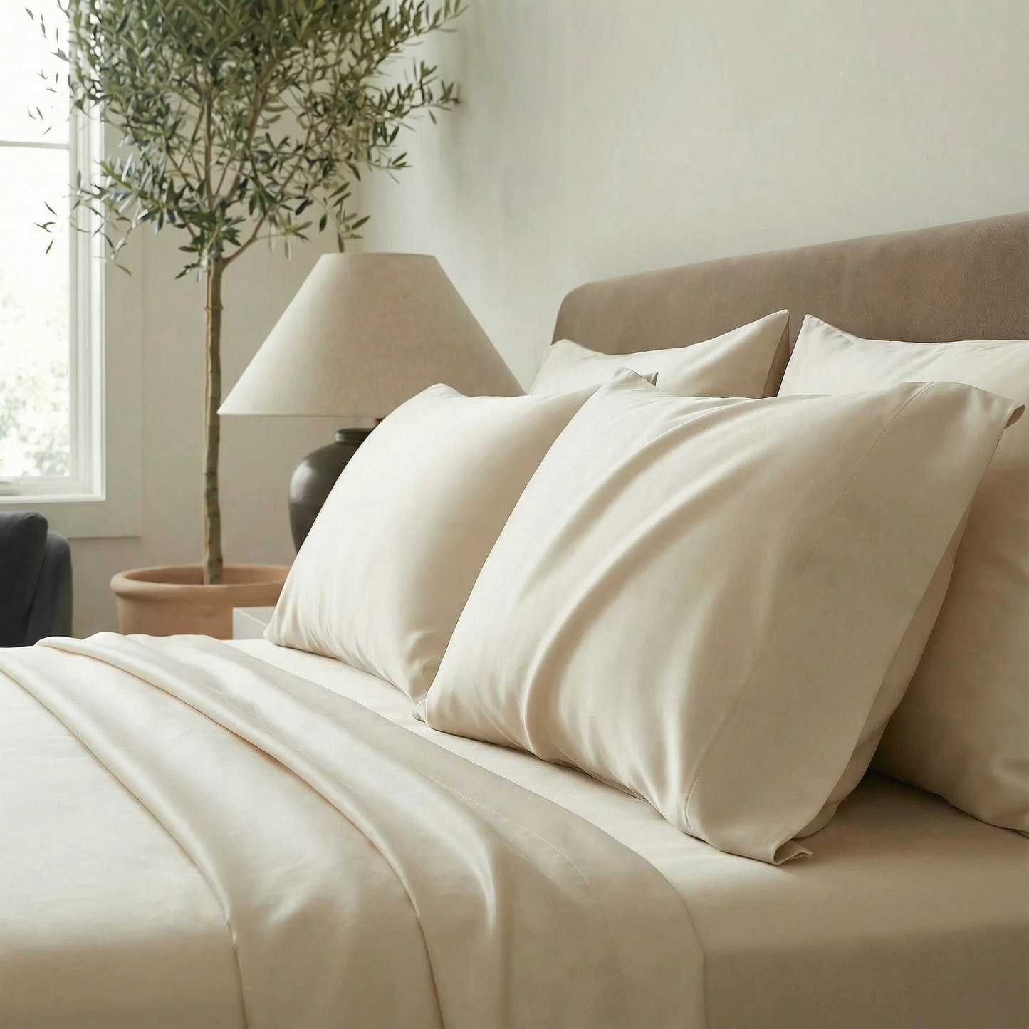 Modern bedroom with silky-soft sateen sheets in warm mica cream, creating a serene, light-filled retreat.