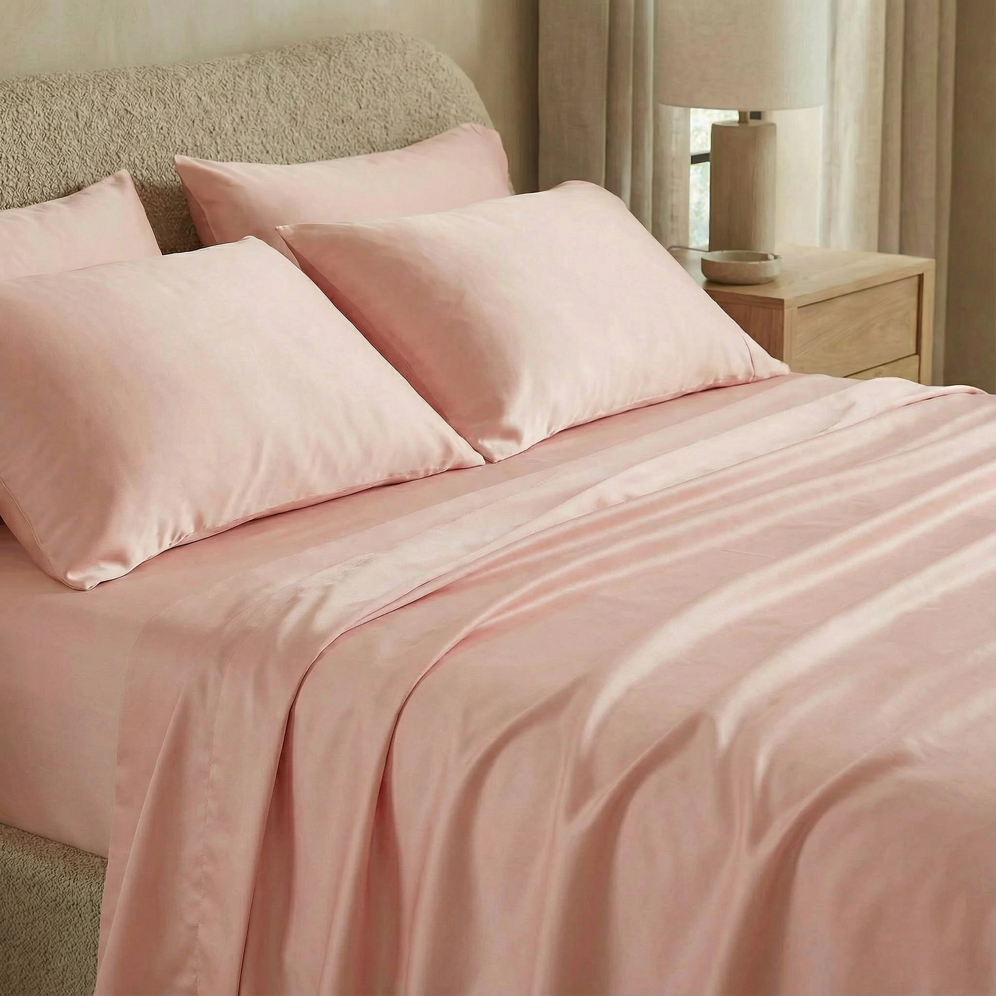 Modern bedroom with silky-soft sateen sheets in quartz pink