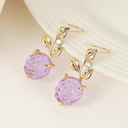 Purple Resin & Cubic Zirconia Goldtone Flower Dangle Earrings