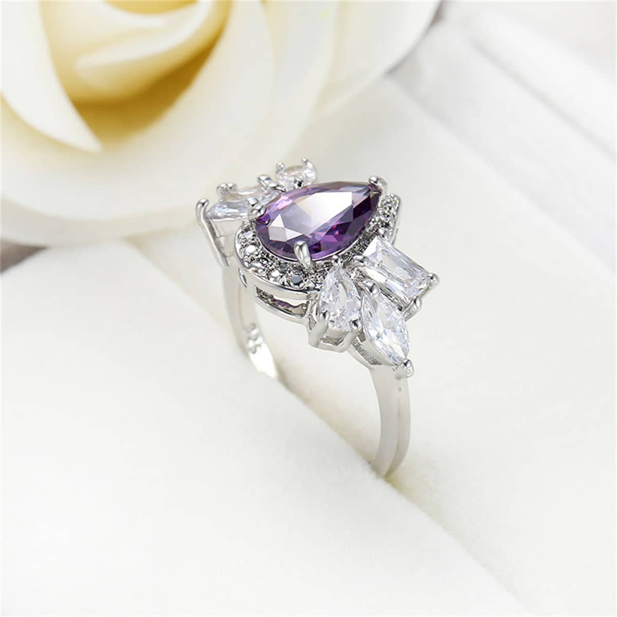 Purple Crystal & Silvertone Pear-Cut Ring-4