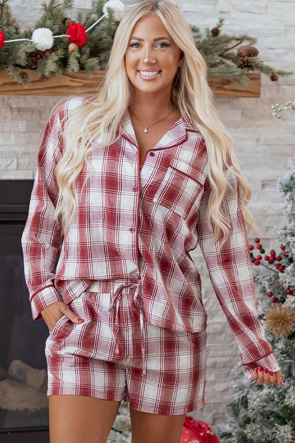 Holly 2pcs Lounge Set Long Sleeve Top - Red / L - 12/14
