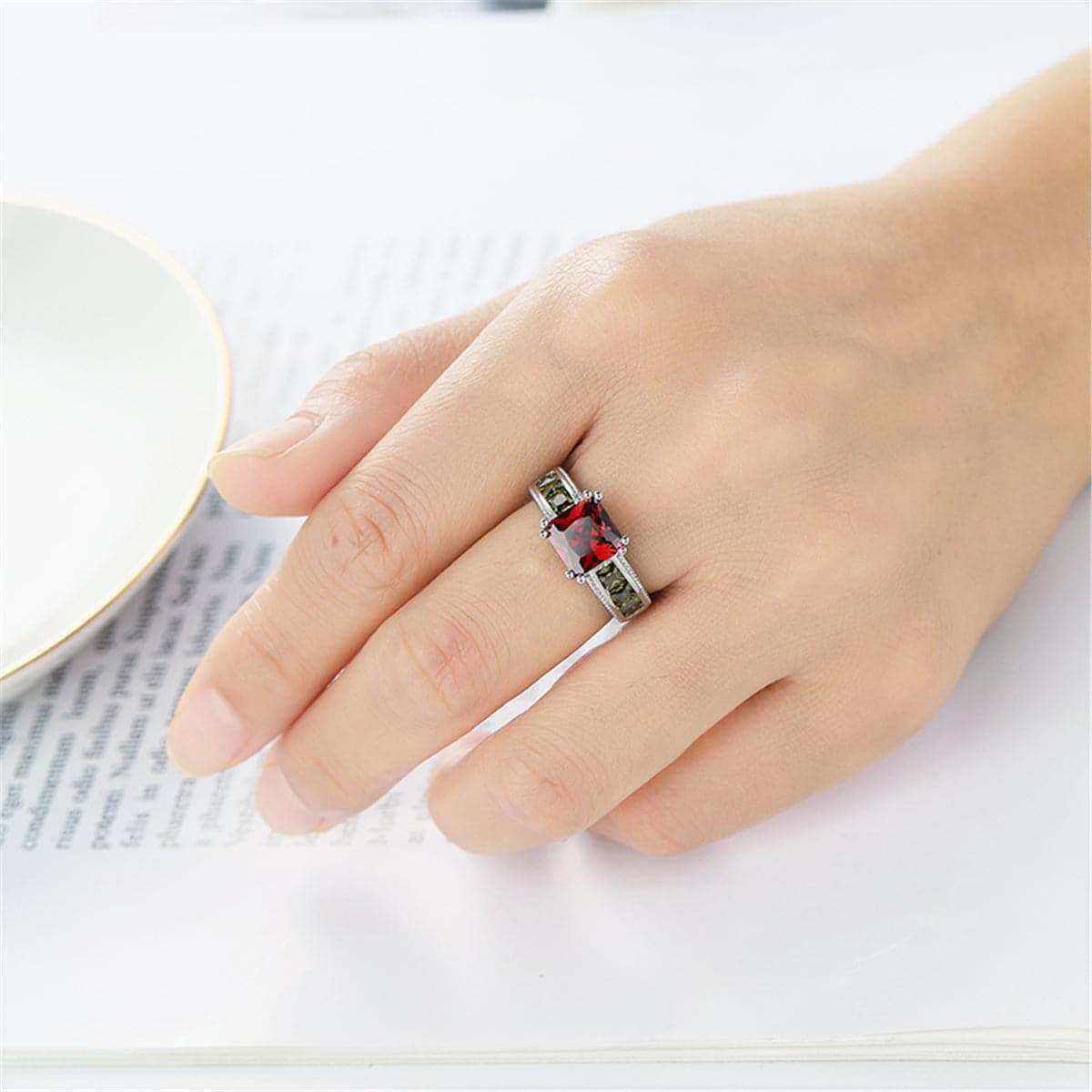 Red & Olive Green Crystal & Silvertone Princess-Cut Ring