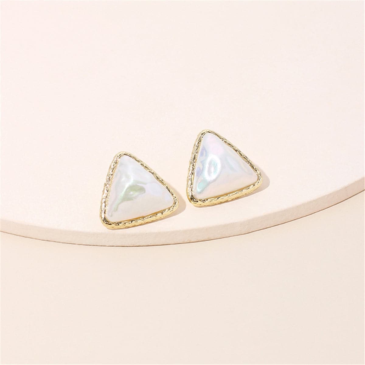 Pearl & Goldtone Triangle Bezel Stud Earrings
