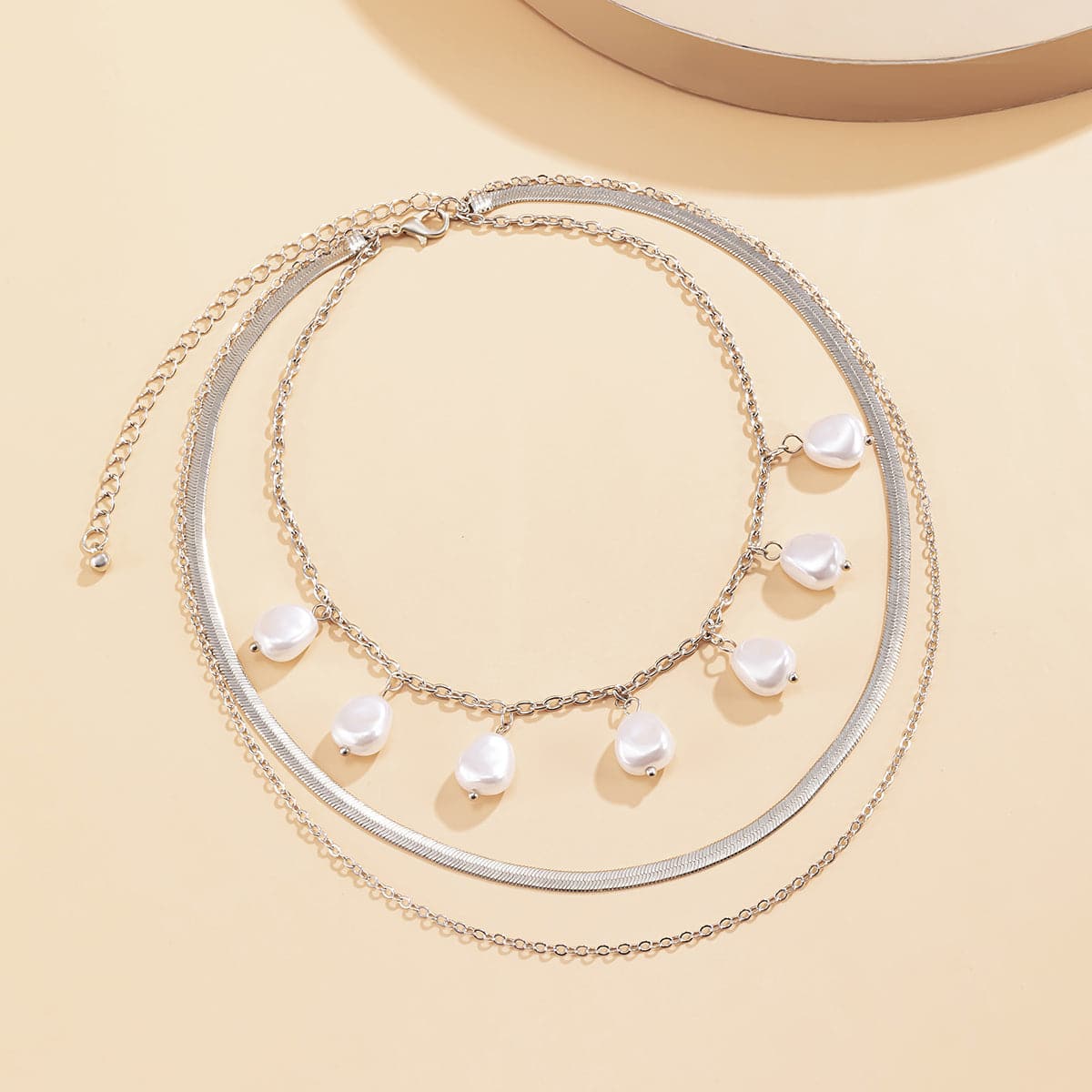 Pearl & Silvertone Drop Station Layered Chain Necklace