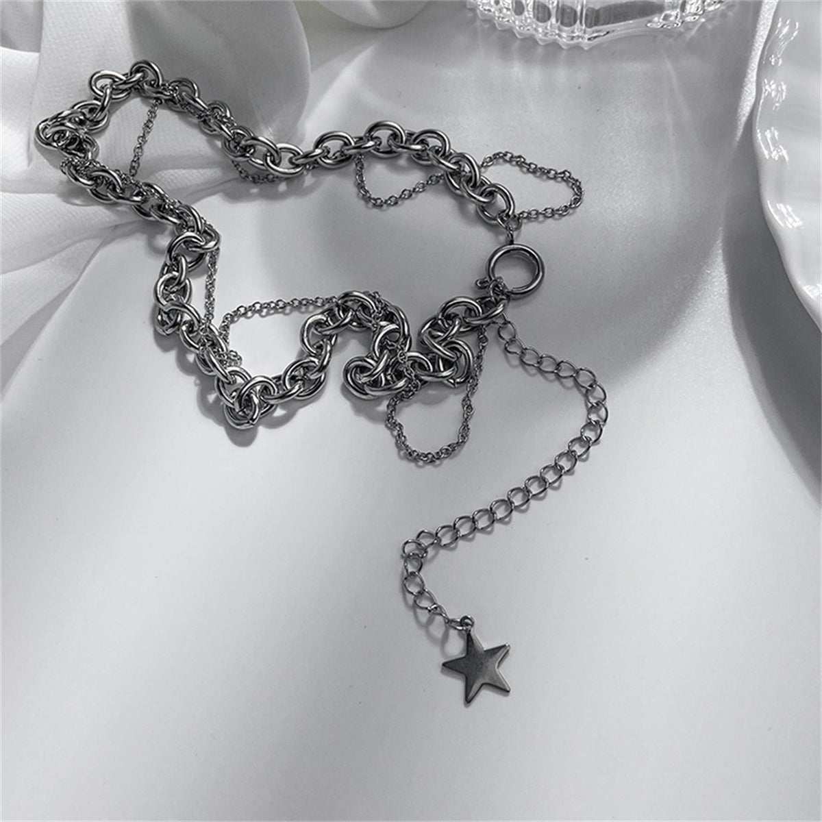 Silvertone Star Layered Lariat Necklace