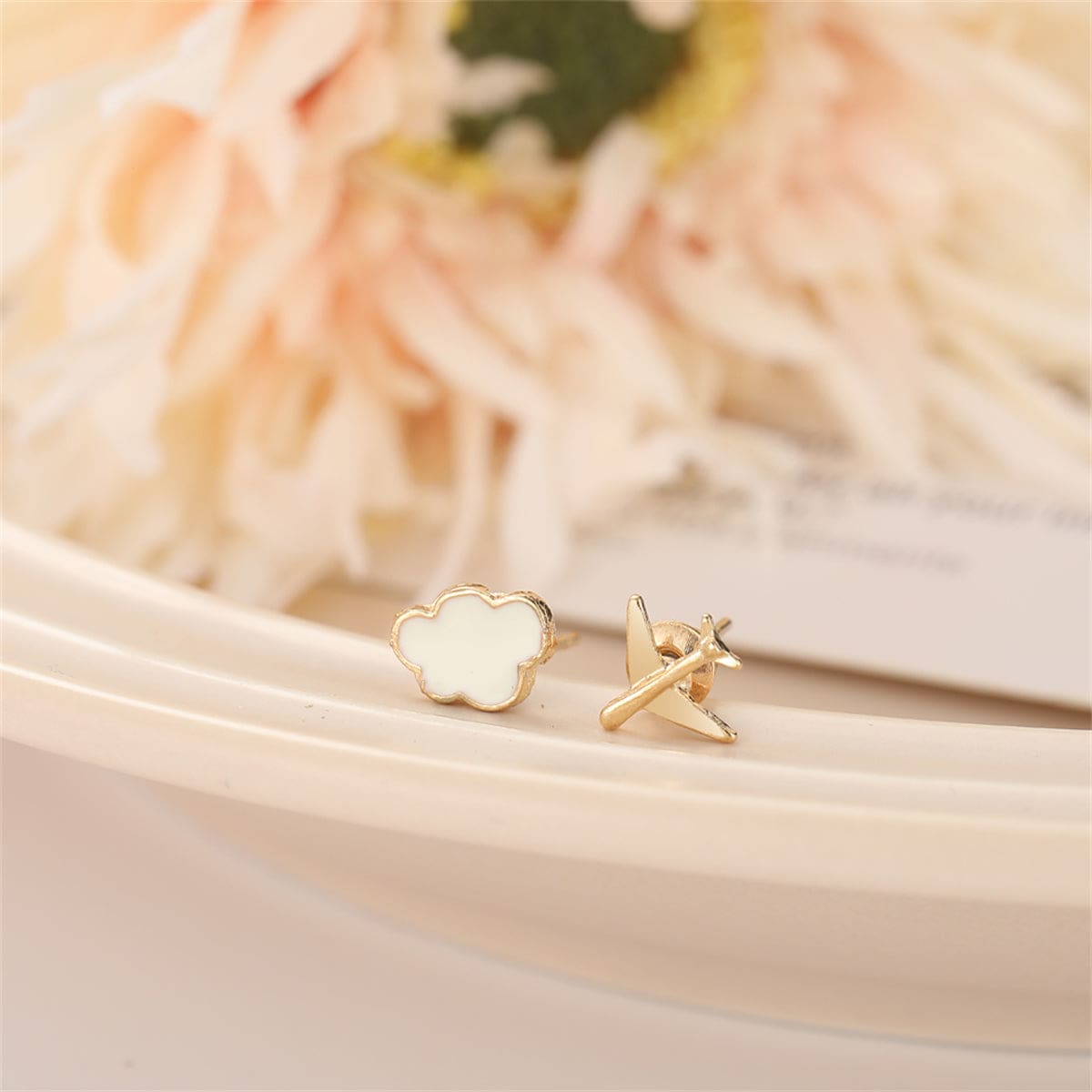 White & Goldtone Airplane Asymmetrical Stud Earrings
