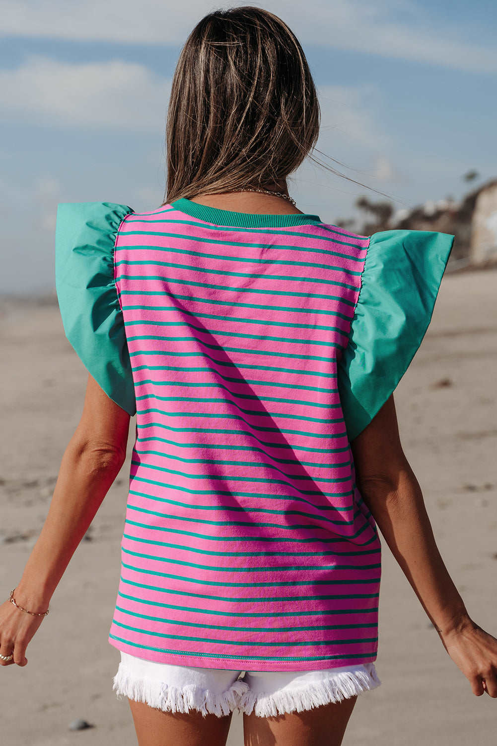Threaded Pear Adrianna Stripe Ruffled Sleeve Crew Neck Blouse