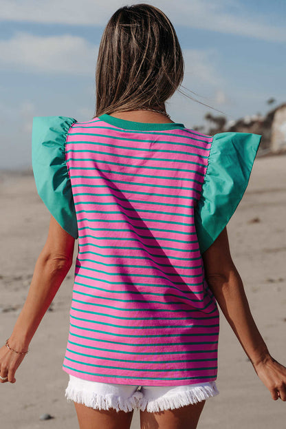 Threaded Pear Adrianna Stripe Ruffled Sleeve Crew Neck Blouse
