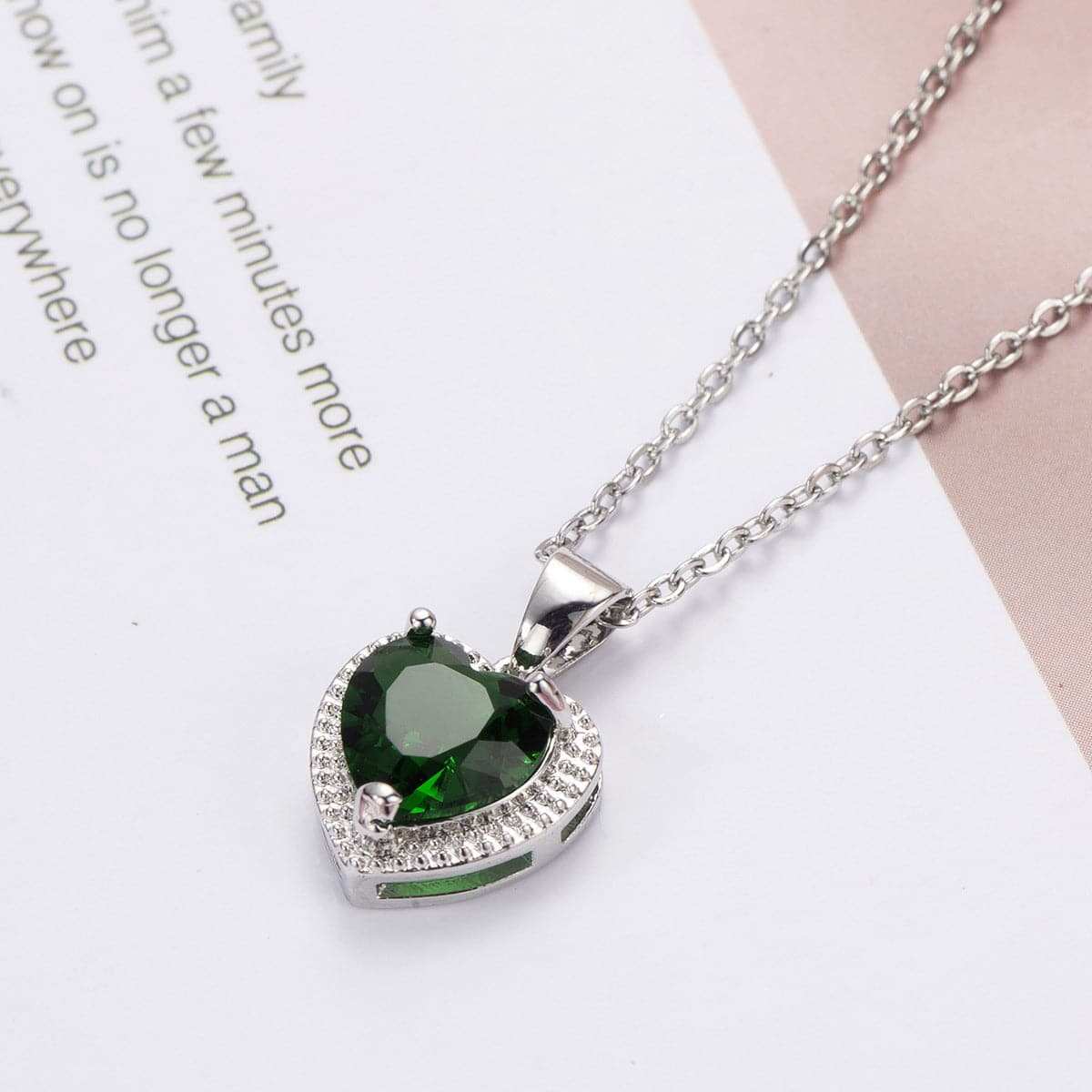 Green Crystal & Silvertone Heart Pendant Necklace