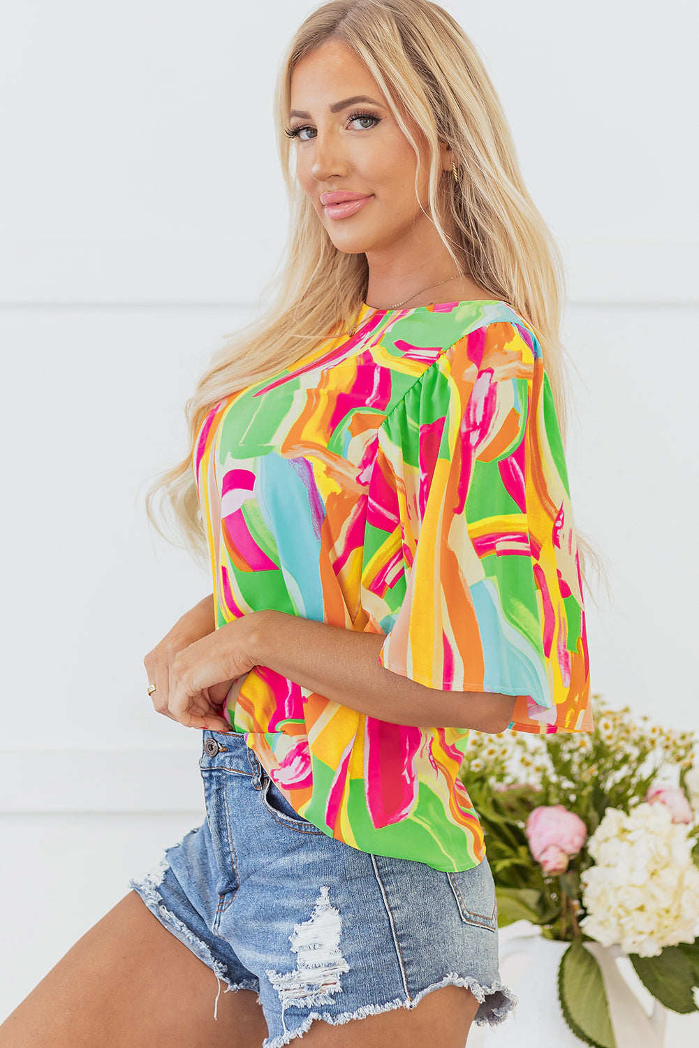 Threaded Pear Angel Abstract Half Sleeve Blouse