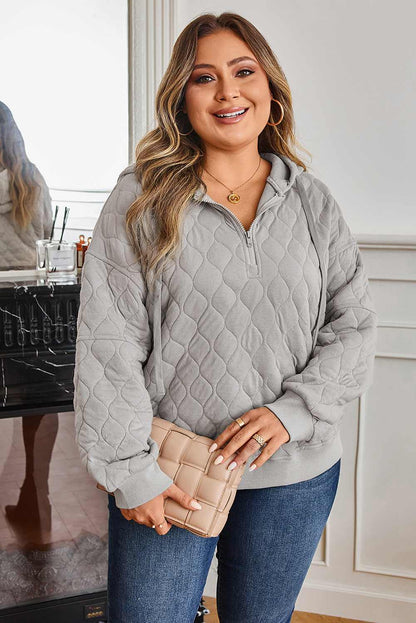 Gray Quilted Quarter Zip Plus Size Hoodie - Gray / 1X - 14W-16W