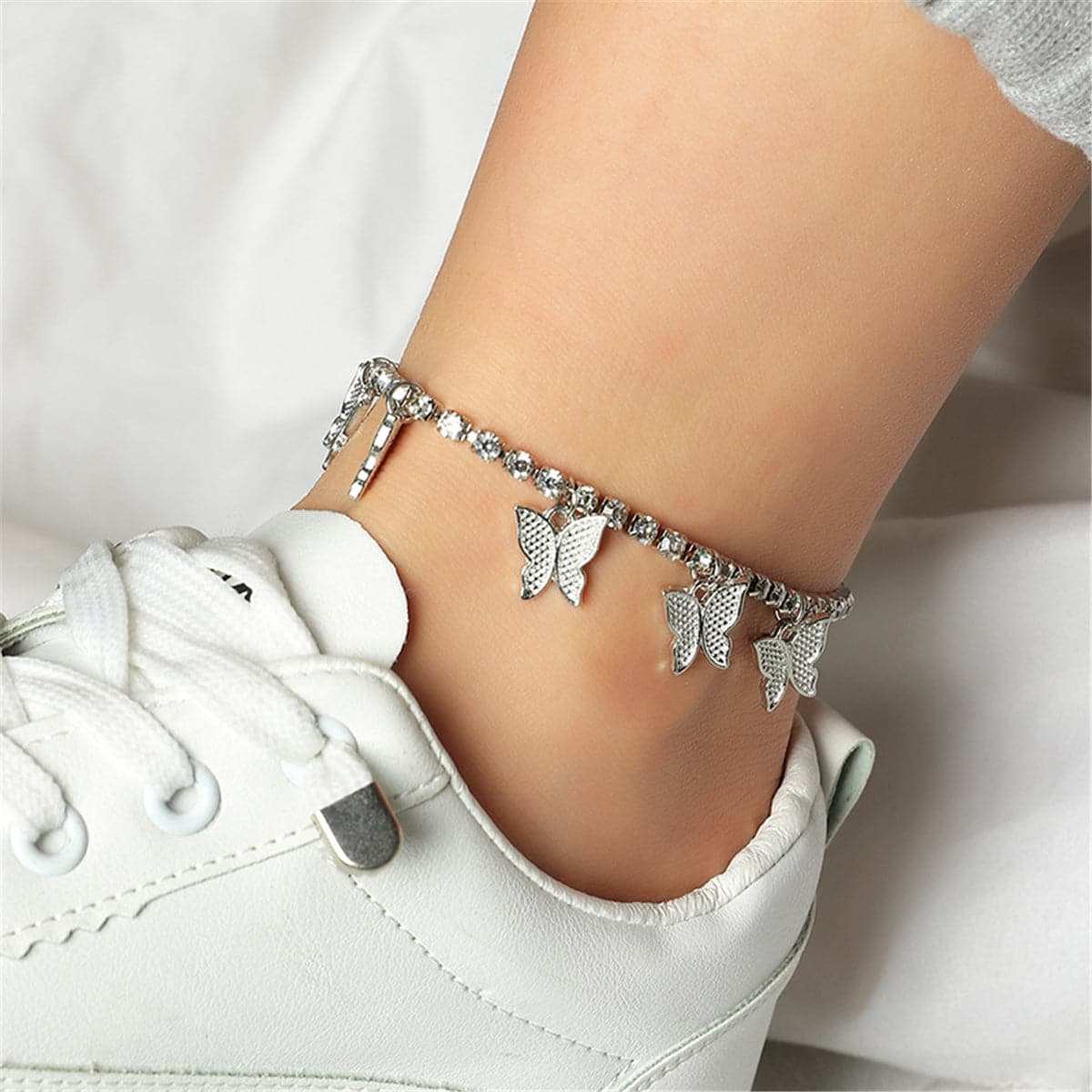 Cubic Zirconia & Silvertone Butterfly Station Anklet