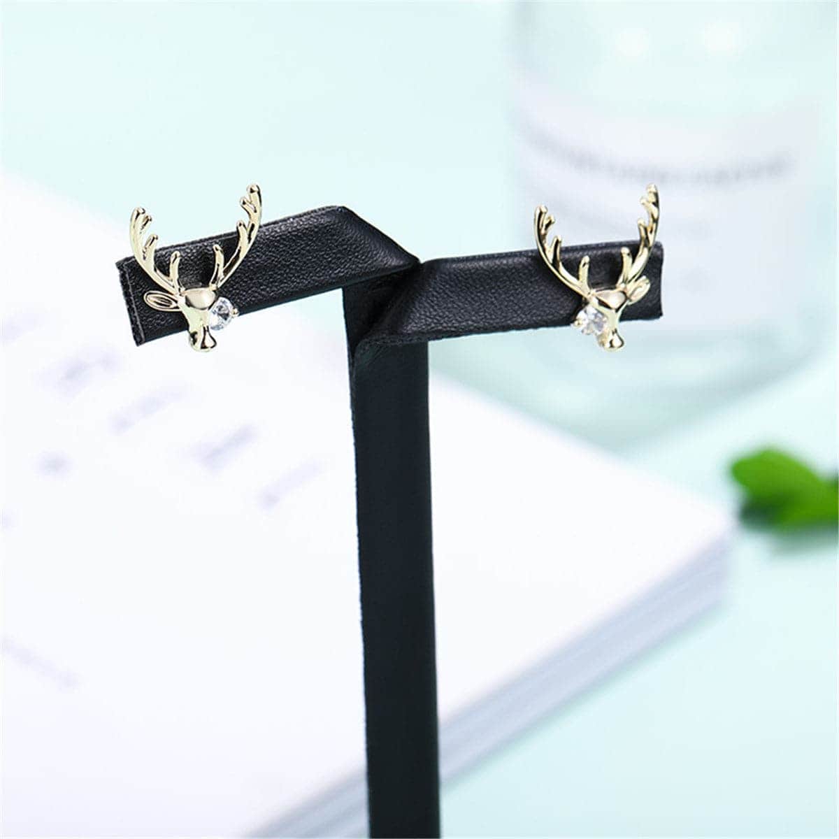 Cubic Zirconia & Goldtone Deer Stud Earrings