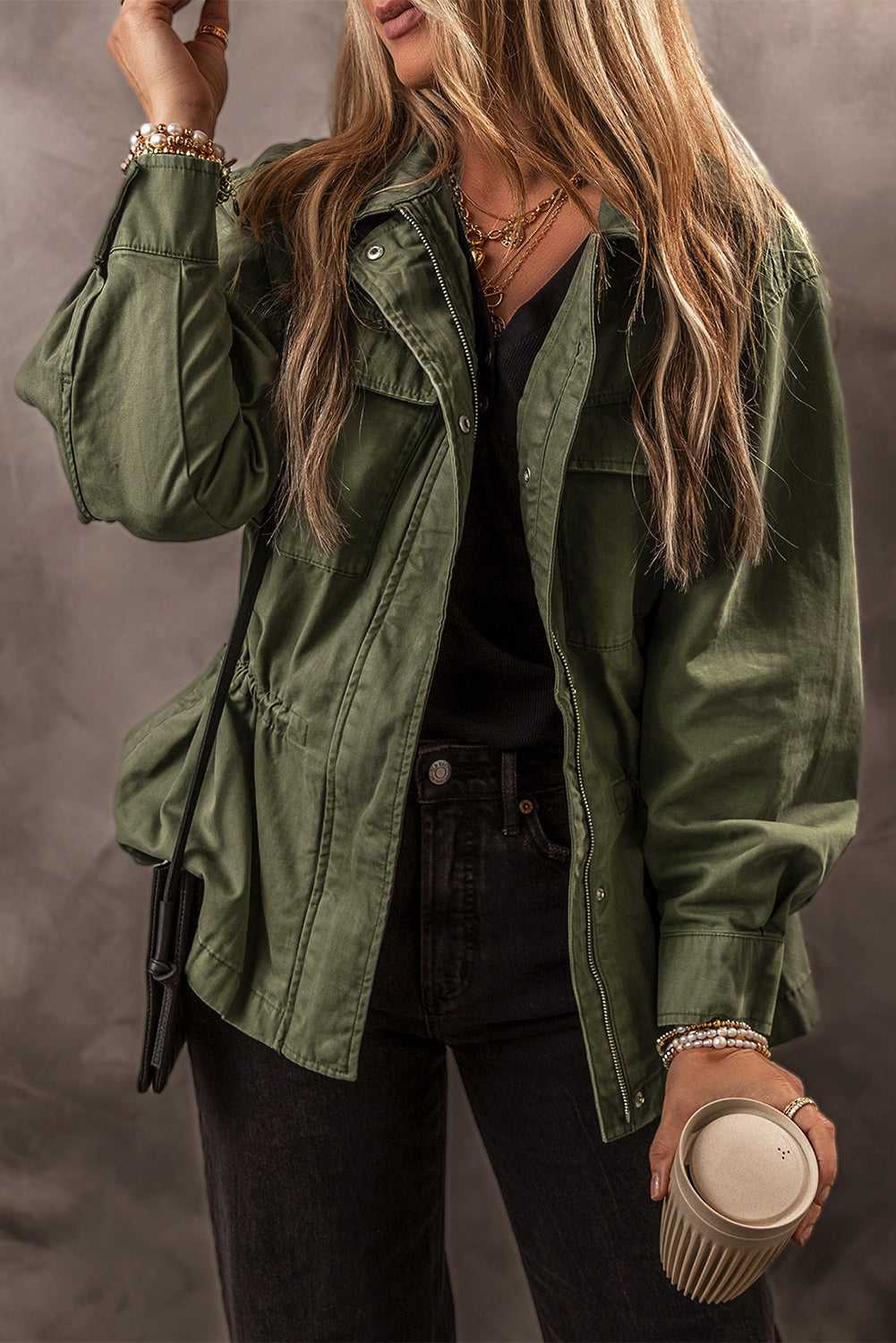 Francesca Tight Waist Collared Jacket - Moss Green / L - 12/14