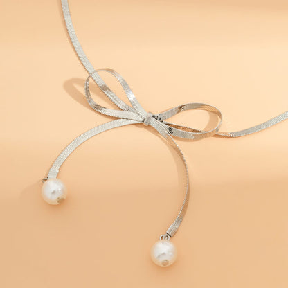 Silvertone & Pearl Bow Choker Necklace