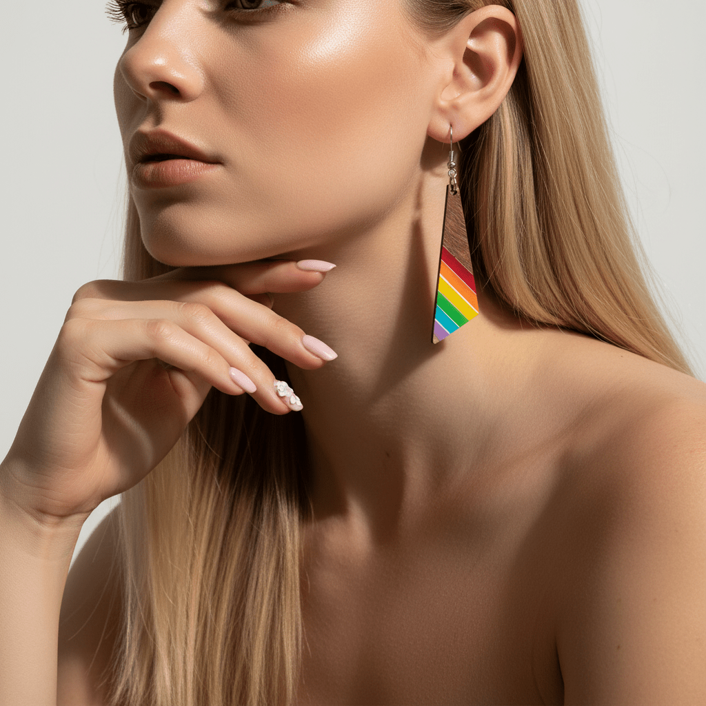 Rainbow Resin & Wood Silvertone Stripped Triangle Hook Earrings