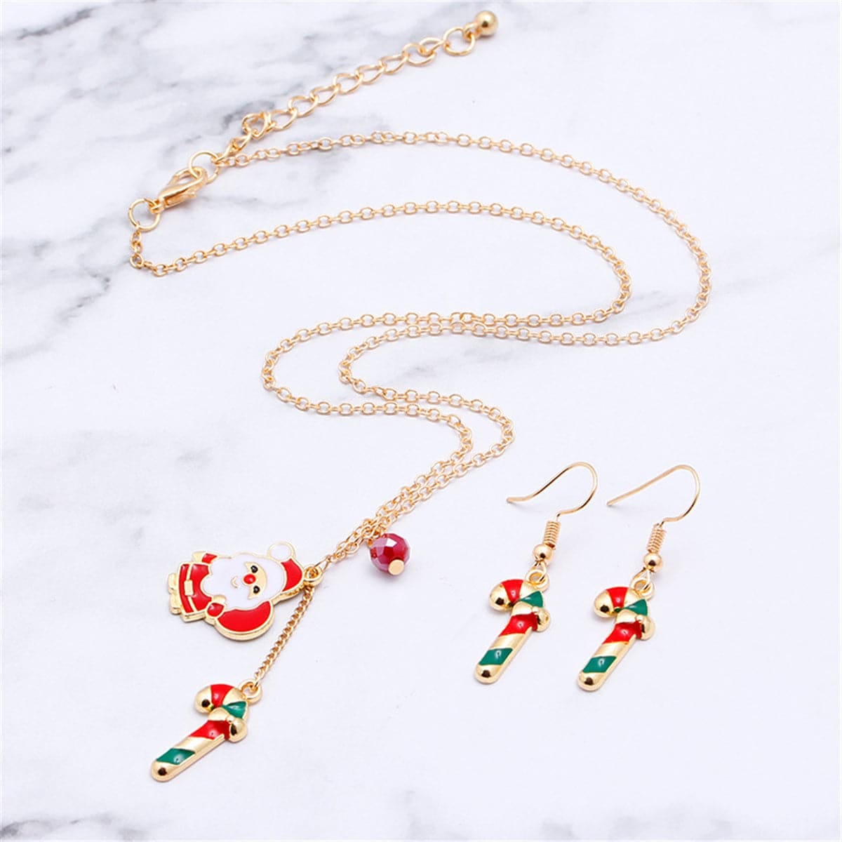 Red & Goldtone Candy Cane & Santa Claus Drop Earrings & Pendant Necklace Set