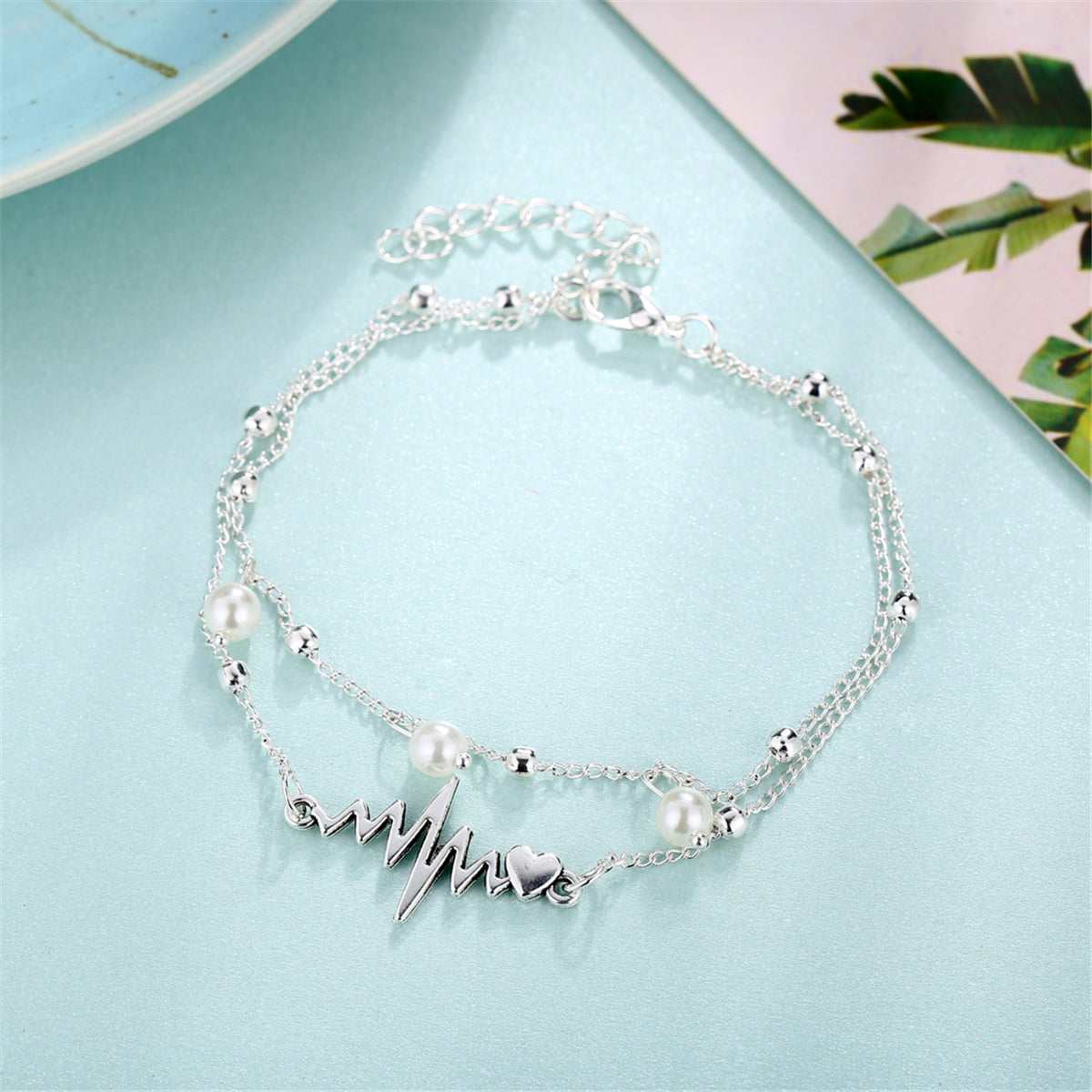 Pearl & Silvertone Heartbeat Layered Anklet