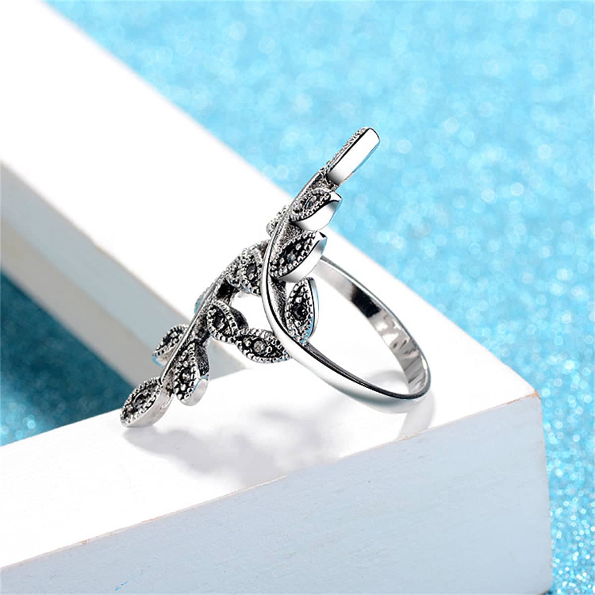 Cubic Zirconia & Silvertone Leaves Bypass Ring-1