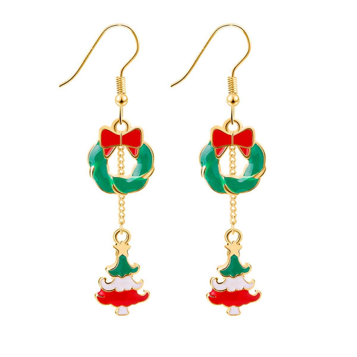 Red Enamel & Goldtone Wreath Christmas Tree Drop Earrings