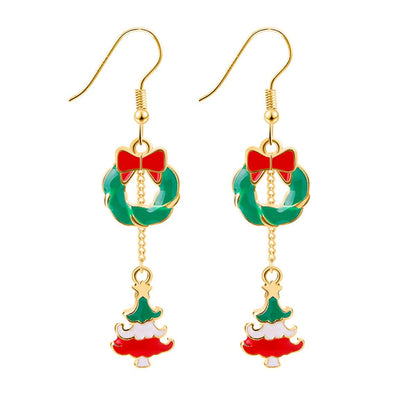 Red Enamel & Goldtone Wreath Christmas Tree Drop Earrings