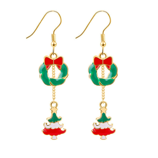 Red Enamel & Goldtone Wreath Christmas Tree Drop Earrings