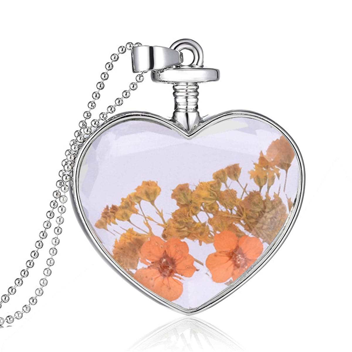Yellow Pressed Peach Blossom & Silvertone Heart Pendant Necklace-1