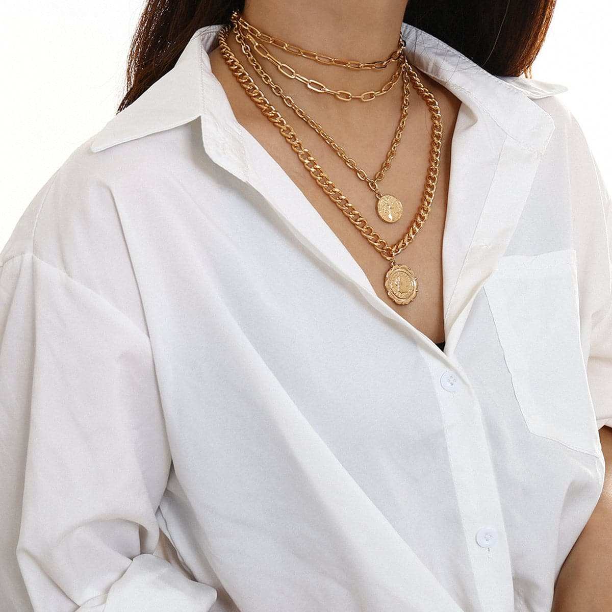 Goldtone Figaro-Chain Coin Layered Pendant Necklace