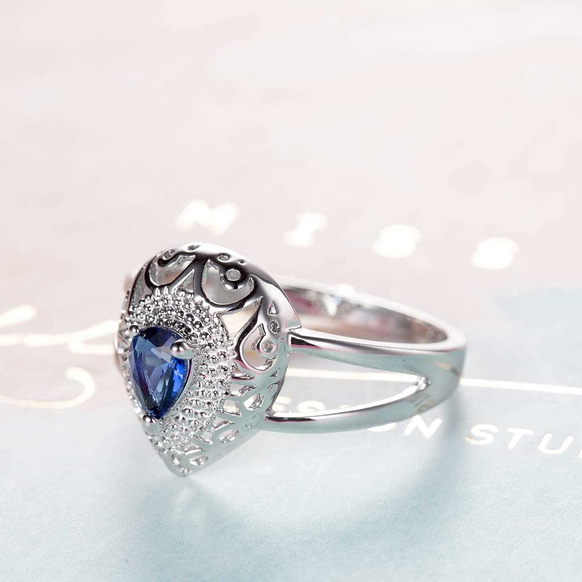 Navy Crystal & Silvertone Pear Ring