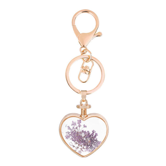 Light Purple Pressed Gypsophila & Goldtone Heart Key Chain